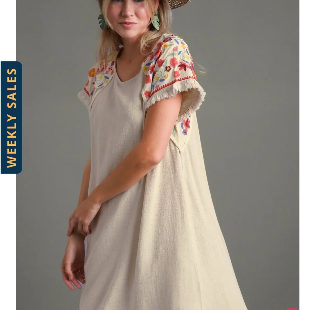 Umgee embroidered sleeve short sleeve Boho linen blend dress size S NWT